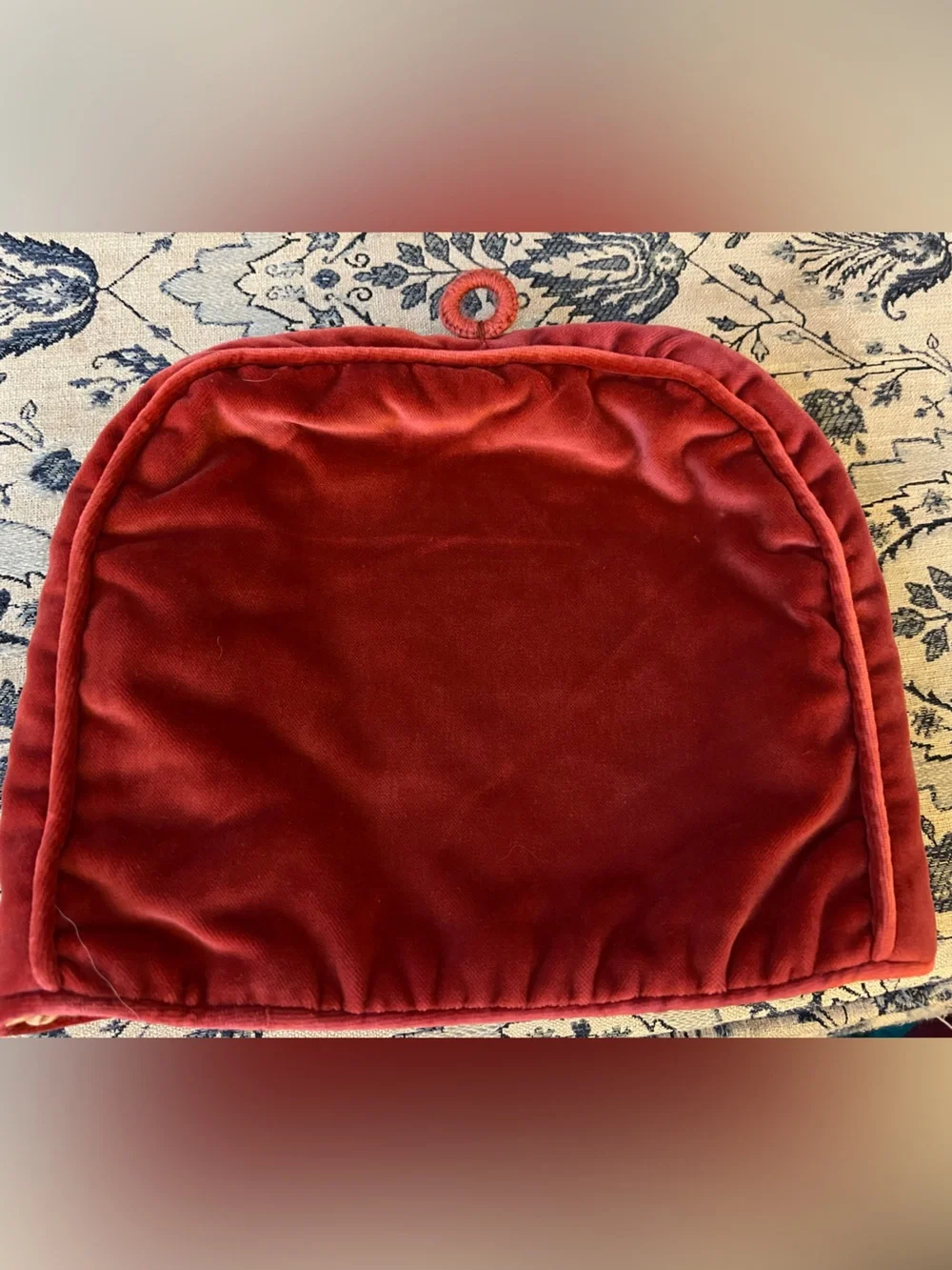 Vintage Needlepoint Tea Cozy: Floral Bouquet, red velvet back and satin lining